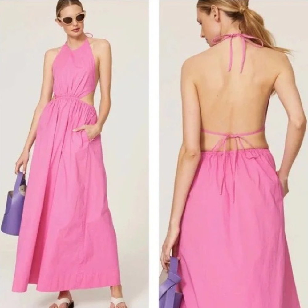 STAUD Apfel Pink Halter Open Tie Back Maxi Dress Size XS